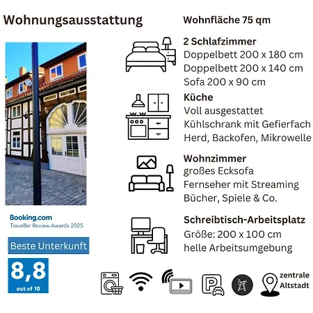 Apartament Flair 'fachwerk & Flair' - Altstadt-apartment 78 Qm Fuer Urlaub Oder Geschaeftsreise, Innenstadtlage, Ruhig, Modern, 900 M Bahnhof, 24 Std Check-in, Wlan, Streaming, Kueche, Regendusche, 2 X Doppelbett, Direkt Am Neuen Markt In Der Altstad Herford